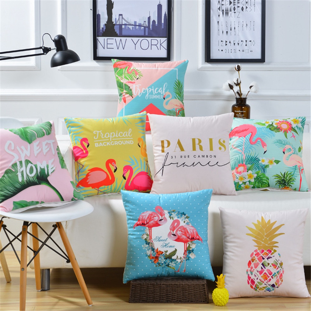   öְ  Ŀ   ö  Ʈ  Ŀ ħ  Ȩ ׸  45cm 18inch/Tropical Summer Flamingo Cushion Cover Palm Leaf Flower Birds Soft Pillow Cases